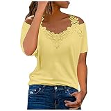 Blusen & Tuniken für Damen Spitzen Oberteile Damen Schulterfrei Bluse V-Ausschnitt Spitzennähte Shirt Aushöhlen Kurzarm Tee Tops Sexy Tshirt Sommer Pullover Slim Fit T-Shirt Große Größ