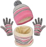 Maylisacc Mütze Schal Handschuh Stricken Set Mädchen 3-6 Jahre, Wintermütze Loop Schal und Winterhandschuhe Kinder Kleinkind Pink