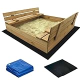 Muntel Sandkasten, Sandkasten Inklusive Bodentuch und Abdeckplane, Kindersandkasten,Sandkiste mit Bank, Holz, Imprägniert, Sitzbank,Mit klappbaren Bänken 120x120x20