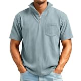 Henley Shirt Herren Baumwolle T-Shirt Kurzarm Sommer Männer Tops mit Halbem Reißverschluss Oberteile Casual Strick T-Shirts,Blau,5XL