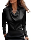 MorFansi Damen Satin Bluse Wasserfallkragen Elegante Oberteile Langarm Seide Hemdbluse Arbeitshemd Business Langarmshirt (Schwarz,XL)