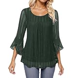 Festlich Bluse Damen Casual Rundhals 3/4 Ärmel Glitzer Shirt Große Größen Volant Ärmel Party Tunika Longshirt Elegante Pailletten Oberteil Schön Glänzend Langarmshirt Glitzertop