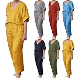 Damen 2-teiliges Set Outfit Sommer Casual Trainingsanzug Zweiteiliges Outfit Sommer Leinen Strandanzug Bekleidungssets Reiseoutfit Hosenanzug Reise Sommerset Sommerhose Co Ord Sets, gelb, 5XL