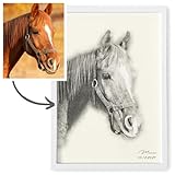 Pferde Mädchen Geschenk personalisiertes Tierportrait Pferdebesitzer Bild im Stil einer Bleistiftzeichnung von Foto Pferd Portrait wie Bleistift Zeichnung Fotogeschenk (mit oder ohne Rahmen)