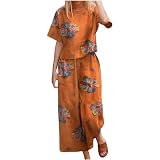AACH Damen Boho 2-teiliges Sommer Vintage Leinenanzug Print Bohemian Kurzarm T-Shirt Hose Zweiteiler Aesthetic Y2K Streetwear Große Größe Weite Freizeitanzug Modische Casual Lounge S