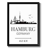 OWLBOOK Hamburg Skyline mit individueller Entfernungsangabe personalisiertes Bild optional mit Holz-Rahmen Geschenk Geschenk