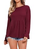 Allegra K Schößchen Oberteil für Damen Rüschensaum Shirt Rundhals Langarm Bluse Top, burgunderfarben, XL