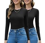 Totatuit 2er Pack Langarmshirt Damen Baumwolle Slim Fit Oberteile Basic Langarm Shirts Casual Rundhals Unterziehshirt T-Shirt Stretch Top