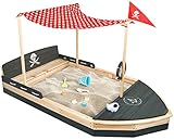 Piratenschiff Sandkasten aus Holz | Boot | Segelschiff | Sandkiste | Sandbox mit rotem Sonnensegel & Flagge, Abdeckung, Vlies Bodenplane, Kordel, Flaggenmast & Steuerrad für Kinder Anthrazit/G