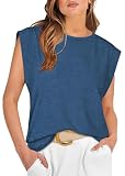 DUOEASE Oberteile Damen Kurzarm Sommermode Rundhals Shirts Locker Flügelärmel Basic Tshirt Dunkelblau M