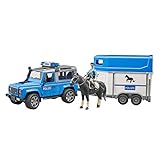 bruder 02588 - Land Rover Defender Polizeifahrzeug, Pferdeanhänger, 1 Pferd, 1 Polizist, Light & Sound Modul - 1:16 Jeep Pick-up Geländewagen bworld Ordnungshüter Wachtmeister Spielzeug