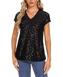 MINTLIMIT Damen V-Ausschnitt Pailletten Oberteil Elegant Shirt Glitzer Tops Kurzarm Cap Ärmel (Schwarz XXL)