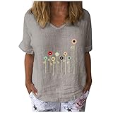 Damen Tops Casual Kurzarm T-Shirt mit Blumenmuster V-Ausschnitt Baumwolle Leinen Lose Tunika Bluse(M,Grau)