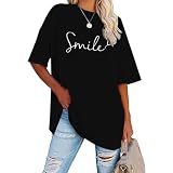 Tshirt Damen Oversize - Einfarbig Smile Druck Tshirt, Sport Lässig Tshirt Pullover Baggy Frühling Sportshirt Oberteil Longshirt Blusen V Ausschnitt Party Top Longb