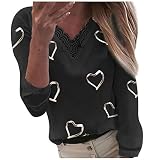 Briskorry Damen Lässig Blusen Sexy V Ausschnitt Tshirt Schmale Tunika Langarmshirt Lockeres Frühling Oberteile mit Liebe Herz Druck Einfarbige Blusen Tops Sw