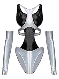 RUNQHUI Astronauten Kostüm Damen Metallic Body Glänzend Cut Out Ballett Trikot Turnanzug Space Girls Verkleidung Karneval Party Clubwear Schwarz 3XL