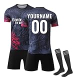 Generisch Personalisiertes Fußballtrikot für Kinder 2024 2025 Boy Football Strips Trikot Heim-Fußballtrikot-Set Tshirts Shorts und Socken Sportanzug Fußballtrikot-Set mit DIY Nummer Name 01