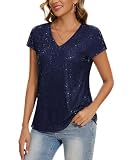 MINTLIMIT Damen Tops Pailletten Glitzer Oberteil Kurzarm Cap Ärmel Bluse (Marine XL)