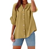 Damen-Leinen-Oberteil, UK-2025, langärmelig, Übergröße, Sommer-Shirt, Baumwolle, Leinen, Button-Down-Blusen, lässig, V-Ausschnitt, aufrollbare Ärmel, bequem, einfarbig, lockere Passform, Top