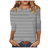 Damen T-Shirt 3/4 Arm Oberteile Tops Rundhalsausschnitt Gestreift Druck Damenblusen Sommershirts Slim Fit Mode Leicht Und Luftig Loose Langarmshirt T-Shirt Dunkelgrau L