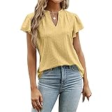 Damen Jacquard Mit Rüschen Und Kurzen Ärmeln Elegant V-Ausschnitt Bequeme Oberteile Frühling Sommer Casual Bequeme T-Shirt (Gelb,XL)