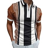 Herren Sommer Shirt Kurzarm Bluse V Ausschnitt Kragen Top 3/4 Reißverschluss Gestreifte T-Shirts Casual Atmungsaktiv und Lose, coffee, L