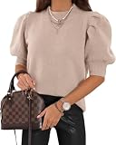 Saodimallsu Damen Puff Kurzarm Pullover Rundhals T-Shirt Sommer Leicht Strickpullover Puffärmel Elegante Stretch Bluse Einfarbige Oberteile Basic Sweatshirt Tops Beige M