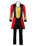 Funhoo Erwachsene Herren Rot Zirkus Kostüm Zirkusdirektor PT Barnum Showman Kostüm Uniform Cosplay Karneval Fasching Partys Frack Jacke Anzug Hosen Outfit (L, Schwarz+Rot)