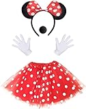 iZoeL Damen Maus Mouse Kostüm Rot Tutu mit weiß Gepunktet + Haarreifen mit Maus Ohren + Handschuhe + Nase für Fasching Karneval Motto Cosplay Party