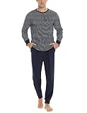 Sykooria Herren Schlafanzug lang mit Bündchen aus Baumwolle Zweiteiliger Pyjama Herren lang, Langarm Shirt & Schlafanzughose, Dunkelblau XL