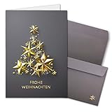 NEUSER PAPIER 100x Weihnachtskarten-Set DIN A6 in Grau mit goldenem Weihnachtsbaum aus Sternen - Faltkarten mit passenden Umschlägen - Weihnachtsgrüße für F
