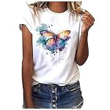 T-Shirt für Damen, Basic-T-Shirt, bedruckt, Rundhalsausschnitt, weiß, lässig, locker, kurzärmelig, Bluse, Sport, Sommer, dunkelblau, S