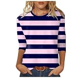 Damen T-Shirt 3/4 Arm Oberteile Tops Rundhalsausschnitt Gestreift Druck Sommershirts Elegant Freizeit Leicht Und Luftig Klassischer Loose Langarmshirt T-Shirt Dunkelblau L