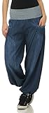 Malito – Damen Haremshose im Denim Style – Unisize Pumphose aus 100% Baumwolle – perfekte Jeans zum Tanzen & Chillen – Pluderhose mit Taschen – Aladinhose für Frauen 6258 (Blau)