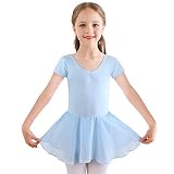 Kinder Ballettkleidung Mädchen Ballettkleid Kurzarm Balletttrikot Ballettanzug Tanzkleid Tanzbody aus Baumwolle mit Chiffon Rock Tütü (140 (130-140cm, 10-11 Jahre), Blau)