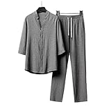 ZYXZHXhxll Herren 2-teiliges Sommer-Outfits für den Strandurlaub, lässiges Button-Down-Kurzarmhemd, Lange, lockere Hosen-Sets (Gray,Large)