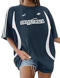 Xnova Oversized Tshirt Damen Gedruckt Kurzarm, Vintage Y2K Tops Rundhals mit Stripes, Sommer Oberteile Casual Streetwear Lose Basic Tee Shirts für Teenager Mädchen (Blau, M)