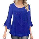 Ydsxlp Festlich Bluse Damen Casual Rundhals 3/4 Ärmel Glitzer Shirt Große Größen Volant Ärmel Party Tunika Longshirt Elegante Pailletten Oberteil Schön Glänzend Langarmshirt Glitzertop(A Blau,3XL)
