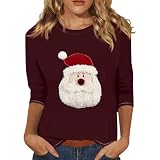 Langarmshirts Baumwolle Weihnachts Kostüme Damen Sweatshirt Rundhals Weihnachtsshirt Vintage Bluse Bequem Longshirt Passform Blusenshirt Lustige Tops Freizeitblusen(A31 Weinrot,XXL)