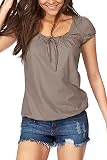Brosloth Damen Sommer Tshirt Kurzarm Shirts Rundhals Oberteile Tops Einfarbige t-Shirts mit gerafftem Ausschnitt Taupe M