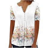Bluse Damen Elegant T-Shirt Mode Bunte Drucken Lose Kurzarm Sommeroberteile Knopfleiste Tunika Tops Frauen Hemdbluse Freizeit Urlaub Strand Tunika Shirt Elegant Oberteile S