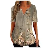 EMATOP Tunika Damen Sommer Casual Oberteile Vintage Baumwolle T-Shirt Sexy V-Ausschnitt Sommershirts Locker Elegant Kurzarm Tee Tops Blumen Druck Bluse Longshirt mit Knöpfe Pullover Streetw