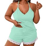 Shirt Set in Übergröße mit Spitzenbesatz, kurzes ärmelloses Oberteil Shorts, 2-teiliges Nachtwäsche-Set Große Größen Damen(Grün,4XL)