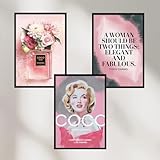 Dekomundo COCO CHANEL Bilder 3er Set PARFÜM Wohnzimmer & Schlafzimmer Moderne Poster zum Einrahmen, 3x A4 (21x30 cm)