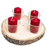 Natur Kerzenhalter, unbehandelte Baumscheibe mit 4 Gläser und Kerzen, ohne Schadstoffe geeignet für Haushalte mit Kindern. Adventskranz, Weihnachtsdeko, Osterkranz, ganz Jahres Freude (Ohne Motiv)