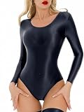 Agoky Damen Metallic Body Langarm Rundhals Top Shirt Hoch geschnitten Shirtbody Glossy Einteiler Slim Fit Stretch Leotard Tanz Trikot Schwarz XL