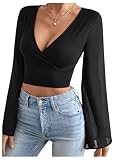 GORGLITTER Damen Bauchfreies Oberteil Cropped T-Shirt Wrap Crop Tops Mesh Ärmel Langarmshirt mit Volantärmeln Schwarz S