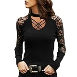 DeaAmyGline Spitzen Oberteile Damen,Sexy V-Ausschnitt Cut Out Langarmshirt Pullover Party Oberteil T Shirt Langarm Elegant Slim Fit Tunika Tops Bluse Sweatshirt Blusen & Tuniken für D