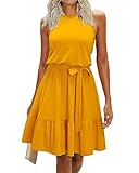 Newshows Sommerkleid Damen Knielang Elegant Kleid Neckholder Sommer Ärmellos Freizeitkleider mit Taschen(Gelb, Mittel)
