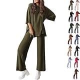 Peshoriadm Lässiges 2-teiliges Set aus locker sitzendem Kurzarm-Oberteil und weiter Hose mit Taschen für den Sommer (Army Green,L)